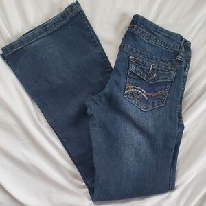Truce Dark Blue Flare/Boot Cut Distressed Stretch Jeans, Sz 3 x 32" Inseam